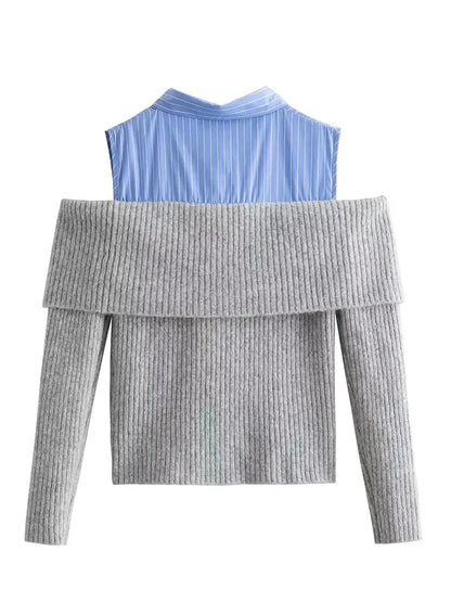 maoxiangshop -  Autumn Women Fashion Cardigan Knitting Lapel Shirt Patchwork Off Shoulder Crop Top Female Long Sleeve Casual Sweaters