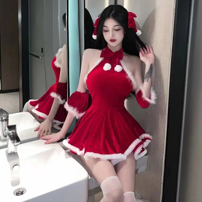 maoxiangshop Christmas Women Uniform Fancy Dress Santa Claus Cosplay Costume Winter Red Top Skirt Cape Cloak Sexy Lingerie Maid Bunny