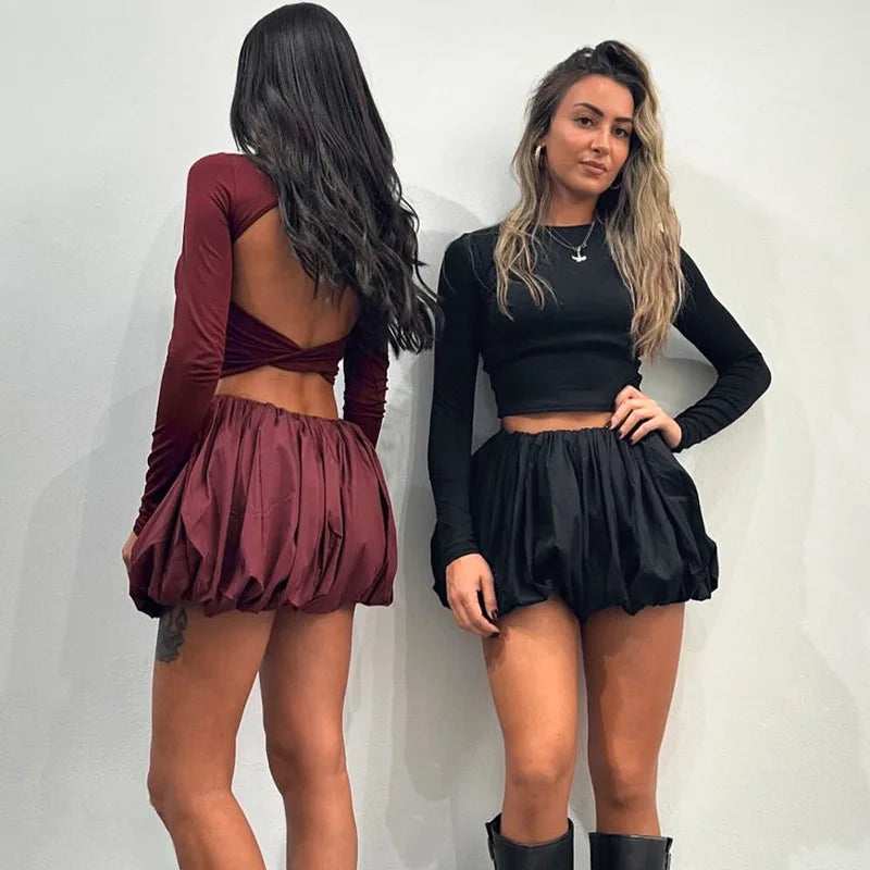 maoxiangshop  -  Woman Skirt Two Pieces Set Tight Backless Twist Crop Top High Waist Bud Skirt Elegant Suit Solid Lady Autumn Fashion New