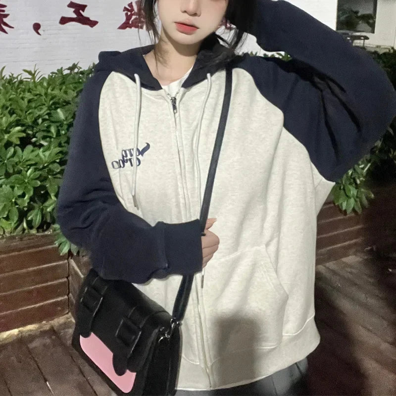 Deeptown Harajuku Zip Up Hoodies Women Korean Fashion Streetwear Hooded Sweatshirts Female Kpop Vintage Tops Spring and Autumn