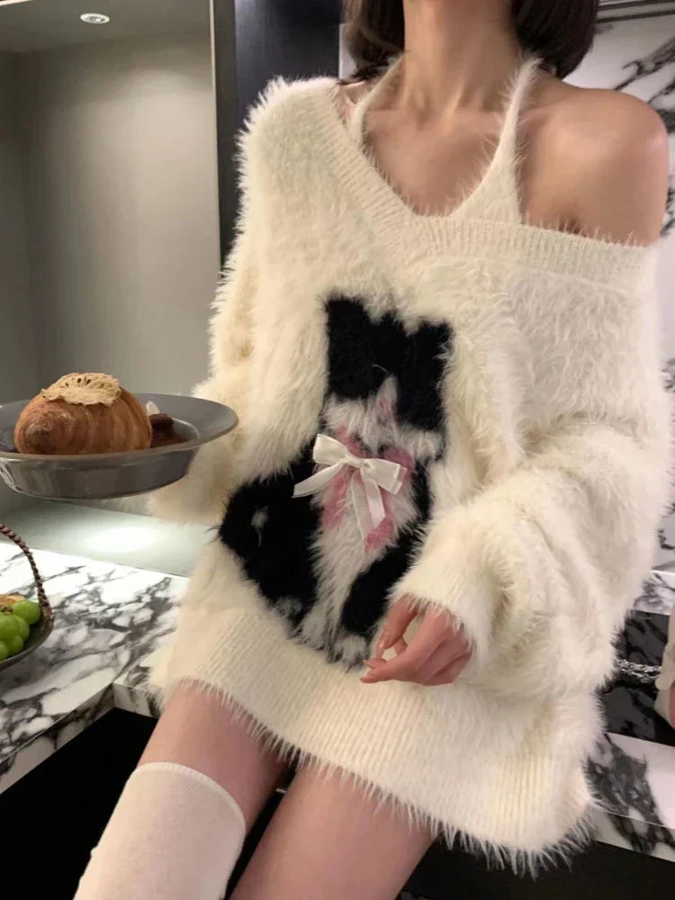 2023 Autumn White Elegant Knitted Sweater 2 Piece Set Women Casual Sexy Vest Outwear Warm Korean Fashion Tops Office Lady Chic