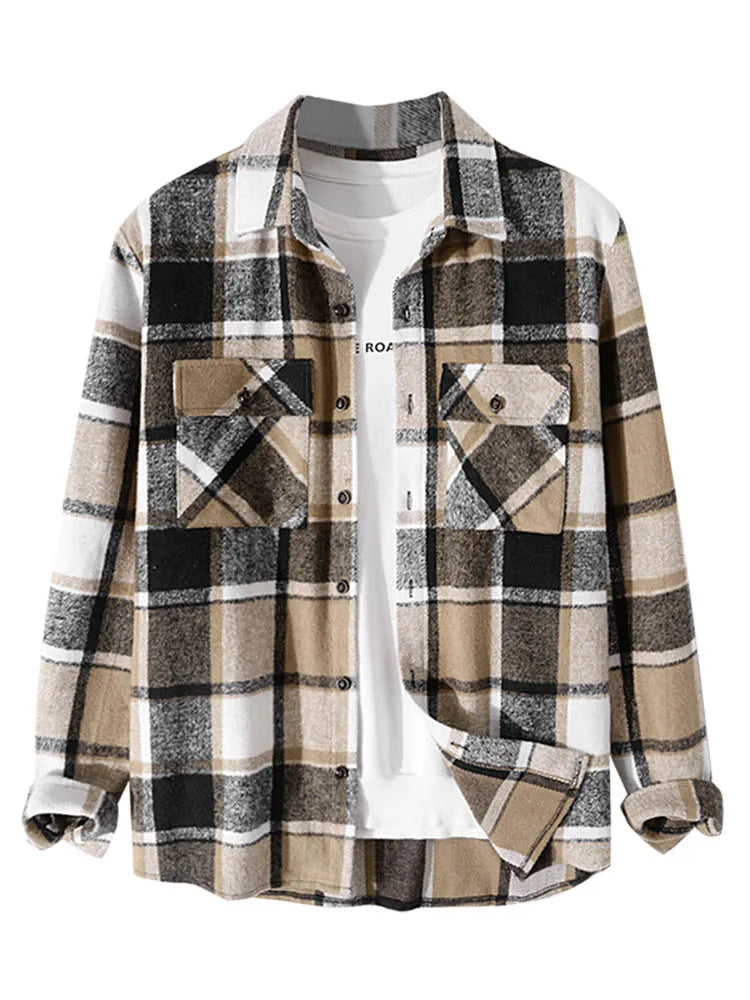 maoxiangshop Shirts for Men Flannel Long Sleeve Blouses Casual Plaid Shirts Fall Winter Shacket Streetwear Overshirt Tops with Pockets