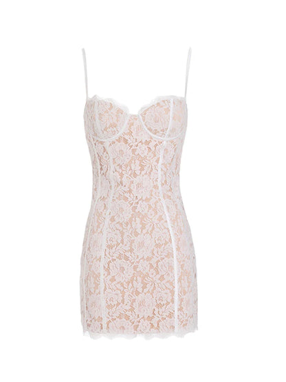 Elegant Spaghetti Strap Lace Bodycon Dress White Satin Sexy Birthday Night Party Dress Mini Women Summer Dress