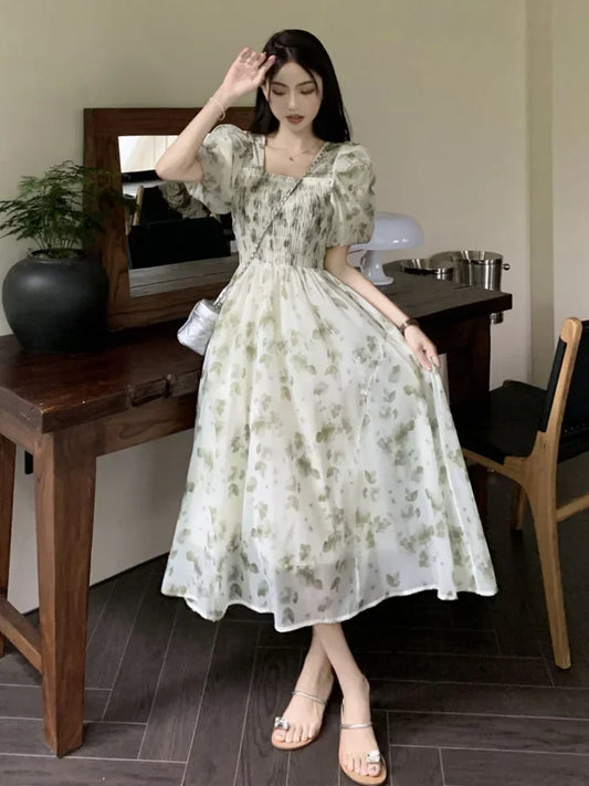 Korean Style Long Cottagecore Dress Women Fairycore Floral Prom Gown Y2k Elegant Puff Sleeve Tunic Graduation Dresses