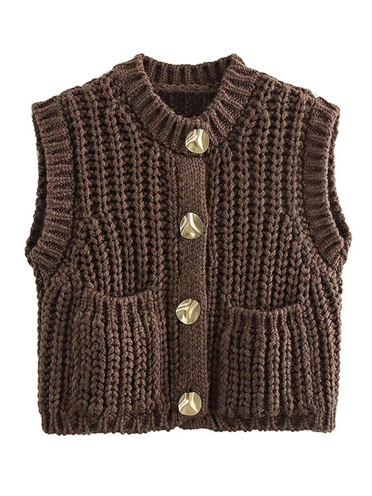 maoxiangshop  -  Vintage Knit Waistcoat Women Solid Round Neck Single Breasted Sleeveless Pocket Sweater Vests 2024 Autumn Winter Casual Lady Top