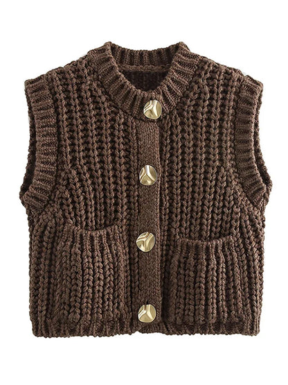 maoxiangshop  -  Vintage Knit Waistcoat Women Solid Round Neck Single Breasted Sleeveless Pocket Sweater Vests 2024 Autumn Winter Casual Lady Top
