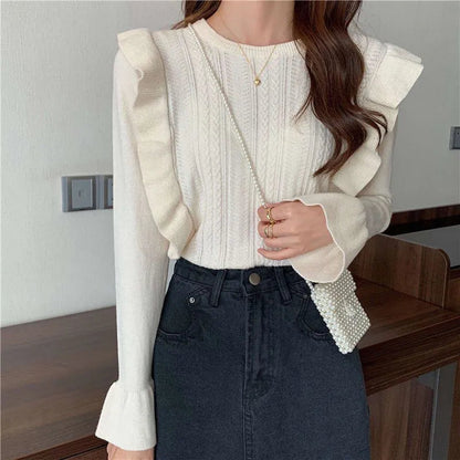 maoxiangshop Ruffles Long Sleeve Sweaters for Women Solid Color Round Neck Knitted Woman Jumper Autumn Winter All Match Soft Sweater