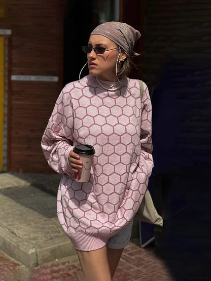 maoxiangshop  -  Autumn New Pullover Sweater Women's Retro Plaid Print Loose Casual Knitted Top  Long Sleeve Round Neck Female Fashion