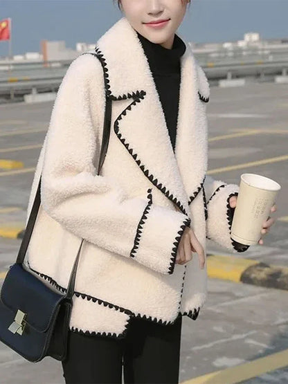 maoxiangshop  -  Lapel Loose Jackets Women 2024 Autumn Winter Street Long Sleeve Faux Lambswool Jacket Fashion Elegant Casual Coats Femme