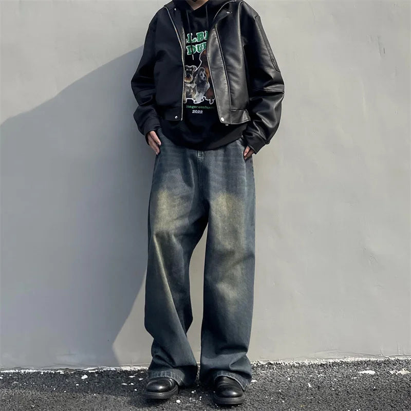 maoxiangshop Vintage Men's Jeans Spring New Distressed Denim Straight Loose Pants High Street Male Casual Simple Daily Wide Leg Trousers