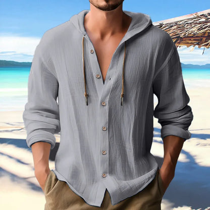 maoxiangshop Summer Men's Linen Shirt Solid Streetwear Long Sleeve Hoodie Cardigan Clothing For Men Button Tops Casual Loose Men Hooded Shirt