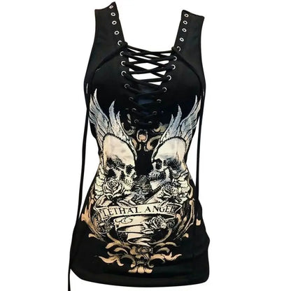 maoxiangshop  -  Dark Gothic Skull Print Tie Up Y2K Spicy Girl Slip Dress Summer New Fashion Slimming Tie Up Mid length Tank Top Women Clothing