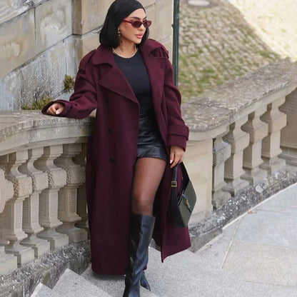 maoxiangshop  -  Women Solid Woolen Long Coat With Belt Fashion Double Breasted Lapel Oversize Jacket Autumn Female High Street Outerwear