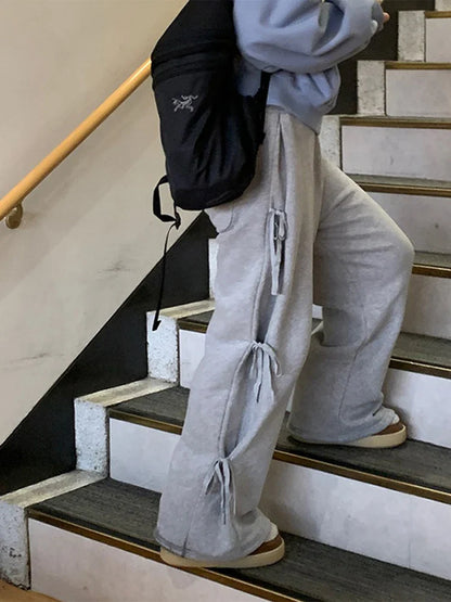 maoxiangshop  -  Casual Thick Trousers Women Loose Lace Up Bow Grey Fashion Elastic Waist Pants Female 2024 Autumn Winter Solid Warm Soft Pant