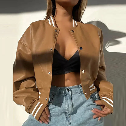 maoxiangshop  -  Y2K Motorcycle Girls PU Leather Outerwear 2024 Women Striped Baseball Single Breasted Jackets Fall Winter Long Sleeve Coats
