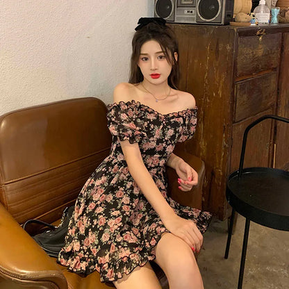 maoxiangshop Summer Women Off Shoulder Mesh Dress Lady Sweet Spicy Style Puff Sleeve Dress Female Flower Graphic Printing Elastic Fairy Dress