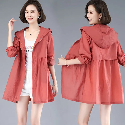 maoxiangshop New Summer Medium Long Sun Protection Clothing Female Thin Jacket Loose Hooded  Coat Sun Protection Windbreaker Women