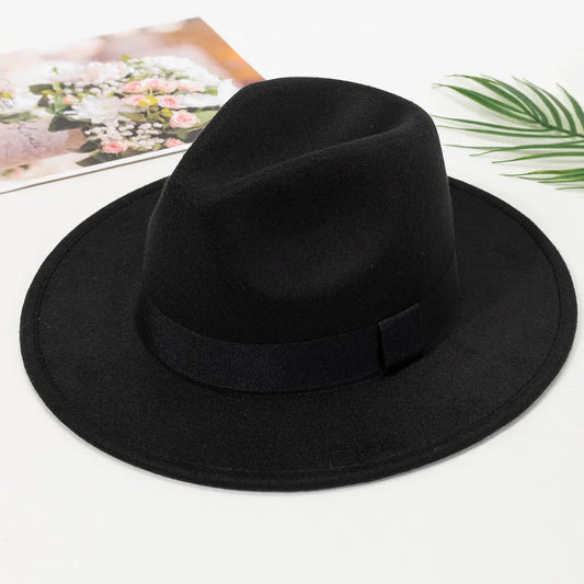 maoxiangshop Autumn and winter men and women's new large brimmed hats, fashionable woolen jazz hats, English style top hats