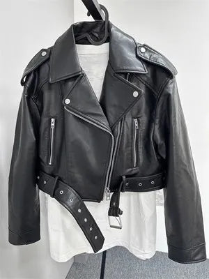 Women Vintage Loose Pu Faux Leather Short Jacket with Belt Streetwear Female Zipper Retro Moto Biker Coat Outwear Tops
