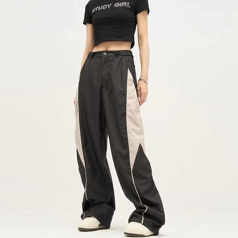 Harajuku Oversize Jogging Sweatpants Women Streetwear Hip Hop Wide Leg Drawstring Contrast Color Baggy Casual Sports Trousers
