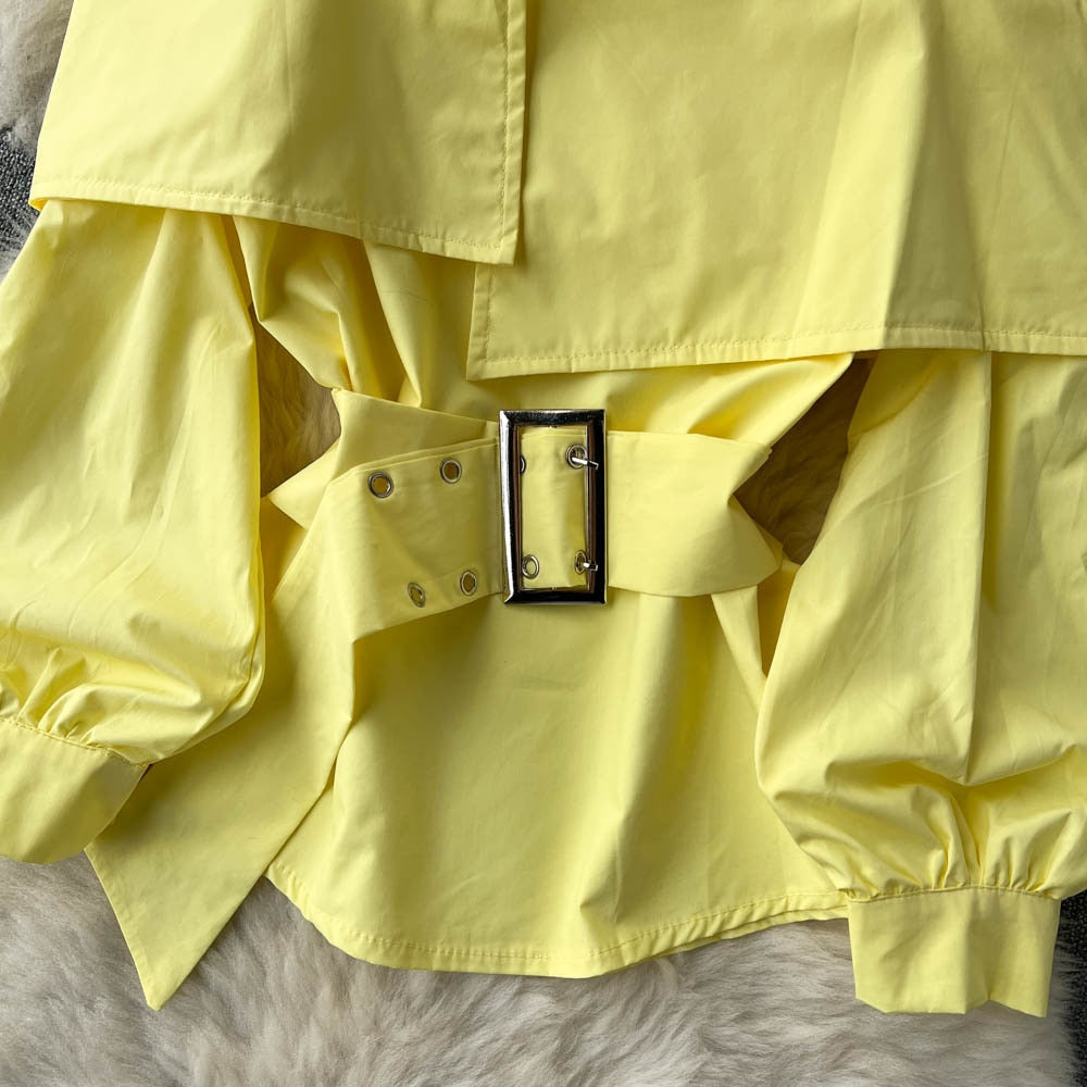 maoxiangshop New Fashion Women Spring Summer Yellow Shirt Sexy Spaghetti Strap Slash Neck Off Shoulder Long Sleeve Blouse with Belt