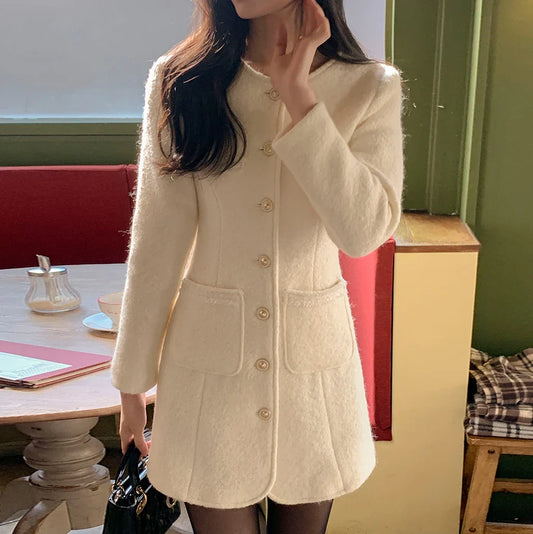 maoxiangshop  -  Korean Drama Temperament High end Vintage Dress Autumn Round Neck Waist Cinching Slimming A-line Wool Mini Dress for Women