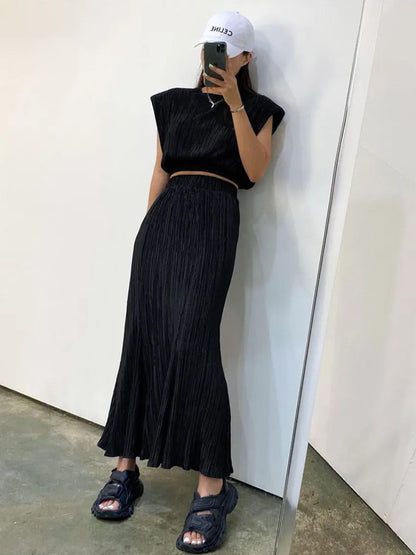 maoxiangshop Elegant Green Skirt Sets 2 Pieces Womens Outfits Spring O-Neck Sleeveless Crop Tops Black Elastic Waist Long Skirts Suit Pajamas