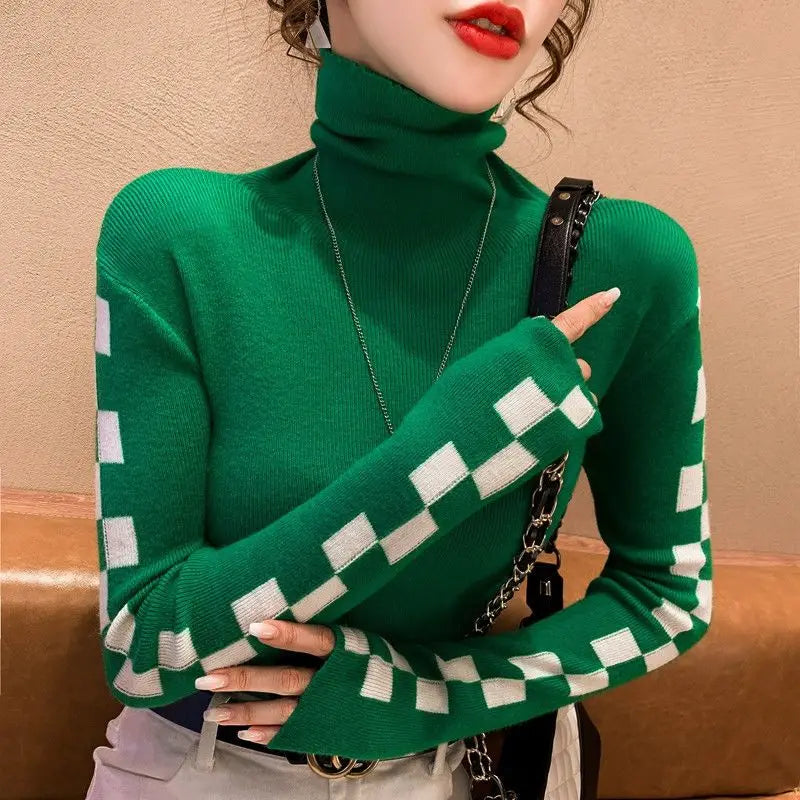 maoxiangshop Knitted Women's Autumn Winter New Korean Version Temperament Versatile Long-sleeved TopTurtleneck Plaid Undershirt Sweater