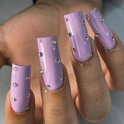 24Pcs Long Ballerina French False Nails Snake Rhinestones Design Fake Nails Wearable Coffin Press on Nails Full Cover Nail Tips