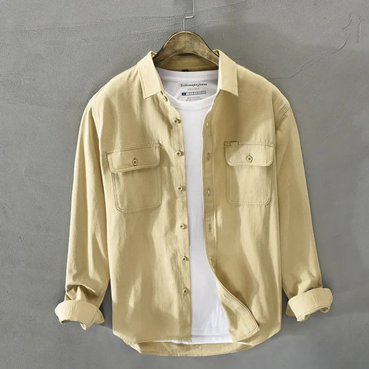 maoxiangshop Spring and Autumn New Men Men's White Long Sleeve Shirt Pure Cotton Retro Style Button Up Pocket Male White Clothes Top