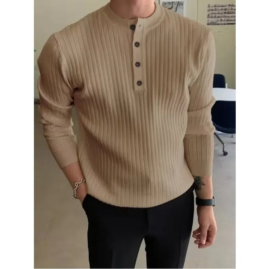 maoxiangshop Men's Semi High Neck Button Knitted Sweater, Men's 2024 Autumn and Winter Sweater, Casual Pullover, Long Sleeved Knitted Sweater