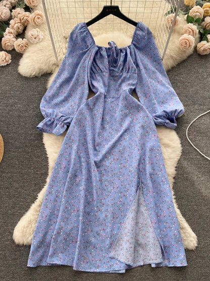 French Floral Casual Dress Women Vintage Square Neck Bubble Long Sleeved Beach Dresses Ladies Split Summer Boho Long Robe