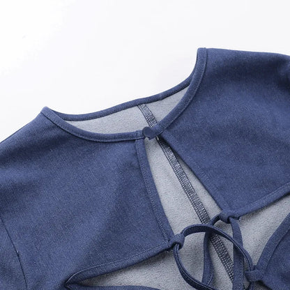 maoxiangshop  -  Lace Up Hollow Out Star Denim Crop Tops For Woman Summer Clothes Girly Y2k Cute Sexy T-Shirts Fitted Shirts Streetwear