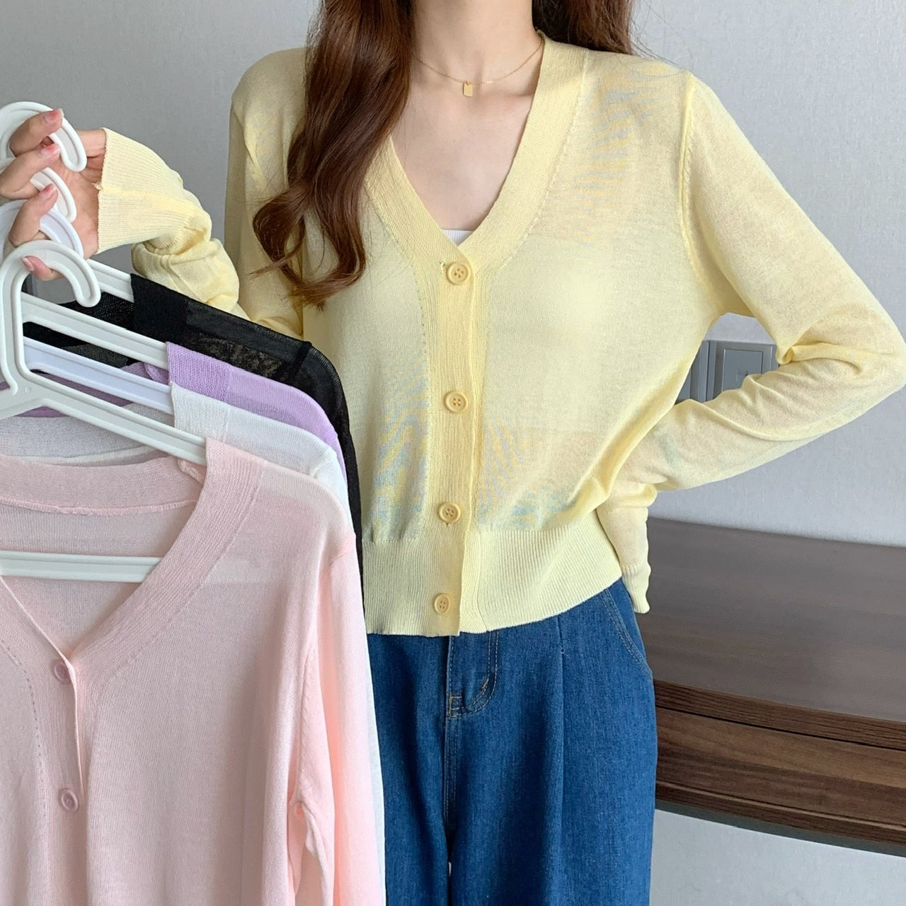 maoxiangshop Summer V Neck Cardigan Women Casual Transparent Sweater Shirts Lady Simple Thin Solid Outwear Female Crop Top