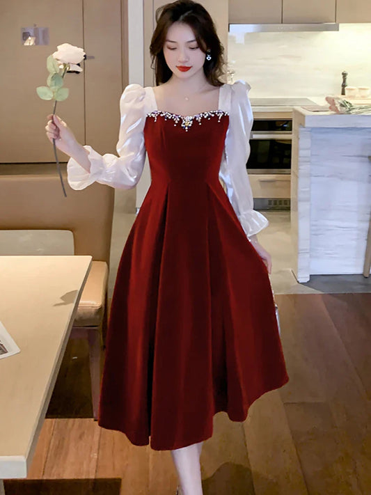 maoxiangshop Satin Luxury Elegant Dress for Wedding Women Spring Autumn Long Sleeve Bodycon Dress Korean Vintage Party Dress