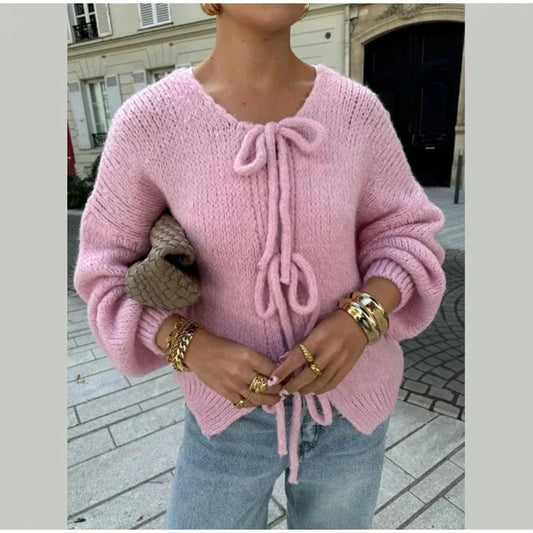 maoxiangshop  -  Fashion Lace Up Bow Knitted Cardigan Woman O Neck Long Sleeve Hollow Out Sweater Coat Autumn Female Casual High Street Knitwear