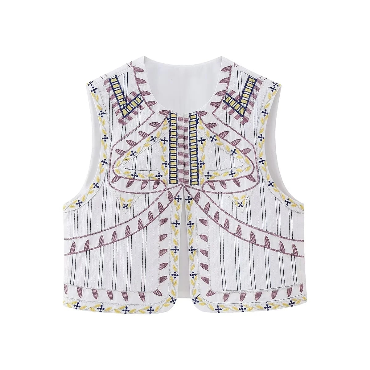 maoxiangshopWomen Fashion Y2k Vintage Floral Embroidery Vest Top V Neck Loose Casual Summer Woman Short Cardigan Waistcoat Chic Tops