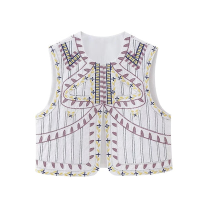 maoxiangshopWomen Fashion Y2k Vintage Floral Embroidery Vest Top V Neck Loose Casual Summer Woman Short Cardigan Waistcoat Chic Tops