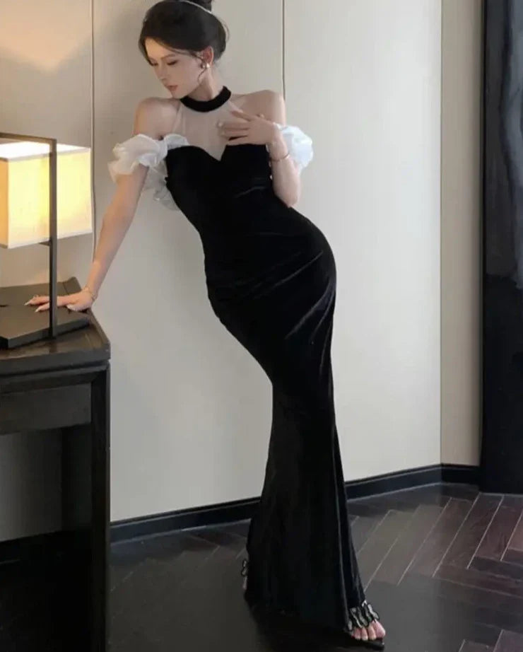 French Style Sexy Bodycon Velvet Long Dress Women Elegant Party Prom Black Vestidos Female Fashion Mesh Clothes Spring Autumn