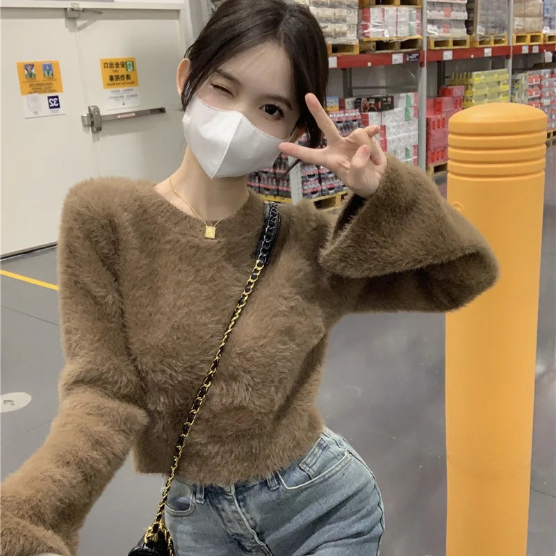 Deeptown Vintage Mohair Cropped Sweater Women Korean Fashion Slim Knitted Jumper Elegant Soft Warm Flare Sleeve Tops High Street