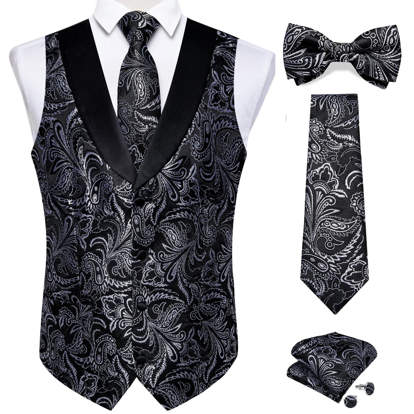 maoxiangshop Brand Suit Vest Set For Men Luxury Silk Black Gold Paisley Dress Vest Tie Cufflinks Handkerchief Set Male Sleeveless Waistcoat