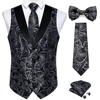 maoxiangshop Brand Suit Vest Set For Men Luxury Silk Black Gold Paisley Dress Vest Tie Cufflinks Handkerchief Set Male Sleeveless Waistcoat