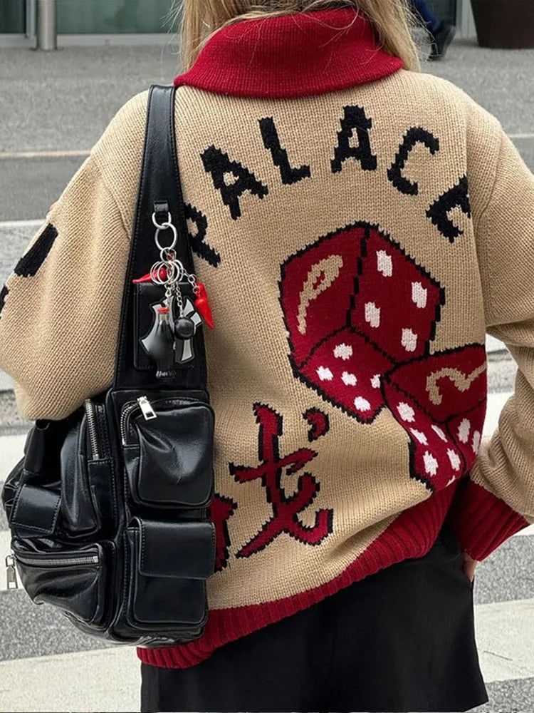 maoxiangshop  -  Women Fashion Contrasting Printed Knitted Coat Elegant Lapel Long Sleeves Zipper Loose Sweater Cardigan Autumn Lady Warm Coat