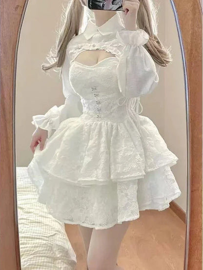 maoxiangshop Japanese Kawaii Lolita Dress Women Elegant Sweet Lace Ruffles White Strap Dresses Sexy Korean Fashion Birthday Party Fairy Dress