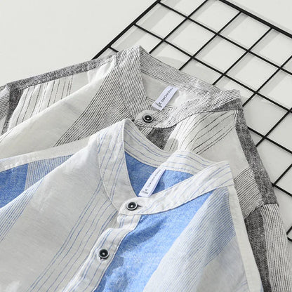 maoxiangshop 2024 Summer New 100%Linen Pullover Short Sleeve Shirts for Men Fashion Striped Casual Loose Shirts