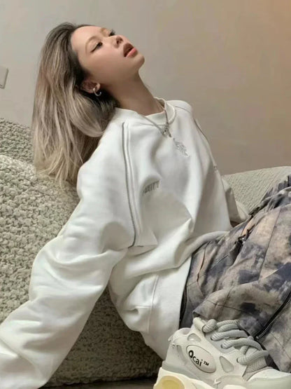 maoxiangshop Deeptown Korean Streetwear Embroidery Sweatshirt Women Grunge Kpop Harajuku White Pullover Aesthetic Hoodies Long Sleeve Tops