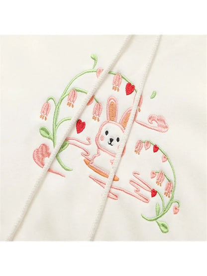 Fleece Thick Women Hoodies And Sweatshirts Cartoon Rabbit Embroidery Winter Flare Sleeve Kawaii Pullover Tracksuits