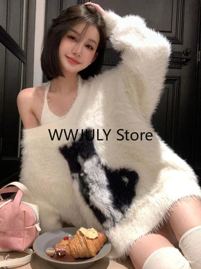 2023 Autumn White Elegant Knitted Sweater 2 Piece Set Women Casual Sexy Vest Outwear Warm Korean Fashion Tops Office Lady Chic