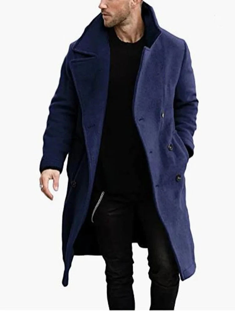 maoxiangshop WELL DRESSED MEN Casual Lapel Men's Jackets Solid Color Trench Coat Windbreaker Add-long Double Breasted Men‘s Clothing For Winter Jacket Man