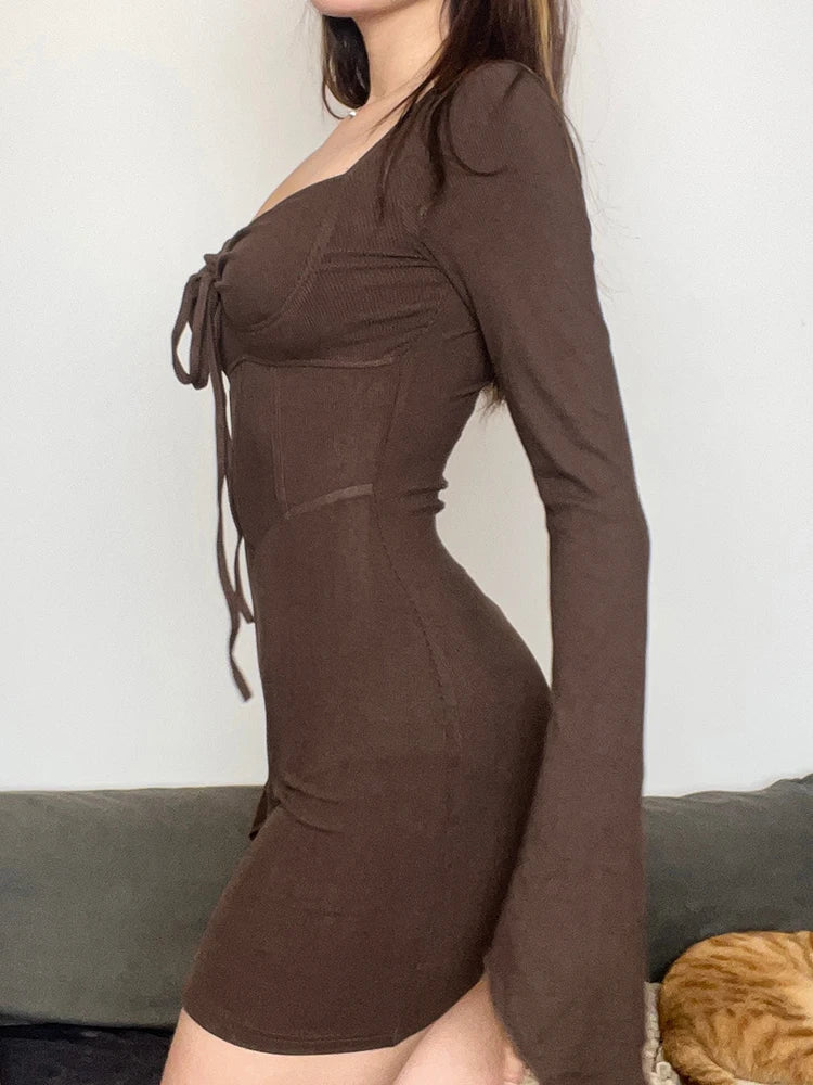 maoxiangshop Solid Brown Corset Dresses Flare Sleeves Lace-up Milkmaid Fashion Y2K Slim Outfits Aesthetic 90s Chic Women Cloth